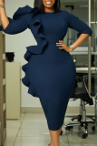 Elegant Solid Color Flounce O Neck Wrapped Skirt Dresses