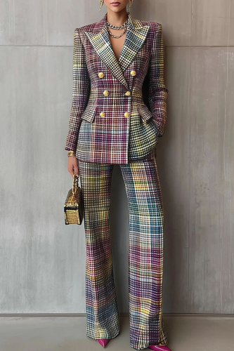 Casual Plaid Buckle Turn-back Collar Long Sleeve Two Pieces
