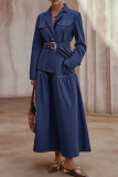 Casual Solid Color With Belt Turndown Collar Long Sleeve Two Pieces