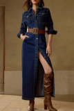 Casual Solid Color Buckle Turndown Collar Long Sleeve Straight Denim Dresses