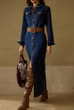 Casual Solid Color Buckle Turndown Collar Long Sleeve Straight Denim Dresses