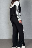 Casual Stripe Contrast Zipper Collar Long Sleeve Two Pieces