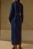 Casual Solid Color Buckle Turndown Collar Long Sleeve Straight Denim Dresses