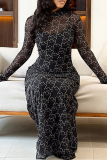 Elegant Print See-Through O Neck Long Dresses