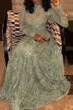 Elegant Print See-Through O Neck Long Dresses