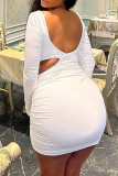 Sexy Solid Color Hollow Out Asymmetrical Collar Wrapped Skirt Dresses
