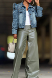 Casual Solid Color Buckle Turndown Collar Long Sleeve Denim Jacket