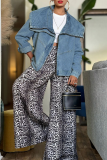 Casual Solid Color Patchwork Turndown Collar Long Sleeve Loose Denim Jacket