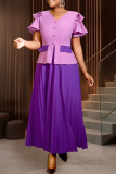 Elegant Solid Color Pleated Contrast V Neck Long Dresses