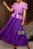 Elegant Solid Color Pleated Contrast V Neck Long Dresses