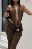Sexy Solid Color Backless Halter Sleeveless Two Pieces