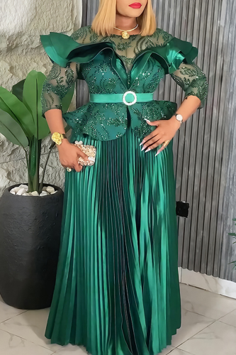 Elegant Solid Color Sequins Pleated O Neck Long Plus Size Dresses