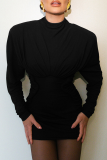 Casual Solid Color Ruched O Neck Wrapped Skirt Dresses