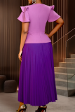 Elegant Solid Color Pleated Contrast V Neck Long Dresses