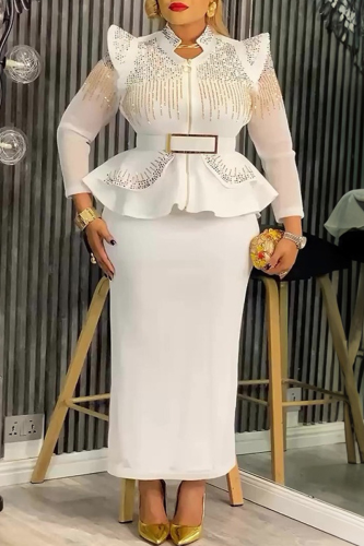 Casual Solid Color Hot Drill Mandarin Collar Plus Size Two Pieces
