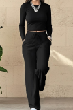 Casual Solid Color Pocket O Neck Long Sleeve Two Pieces
