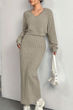 Casual Solid Color Patchwork V Neck Long Sleeve Two Pieces