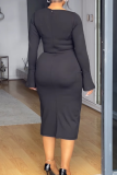 Elegant Solid Color Ruched O Neck Wrapped Skirt Plus Size Dresses