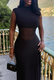 Elegant Solid Color See-Through O Neck Long Dresses