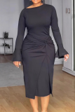 Elegant Solid Color Ruched O Neck Wrapped Skirt Plus Size Dresses