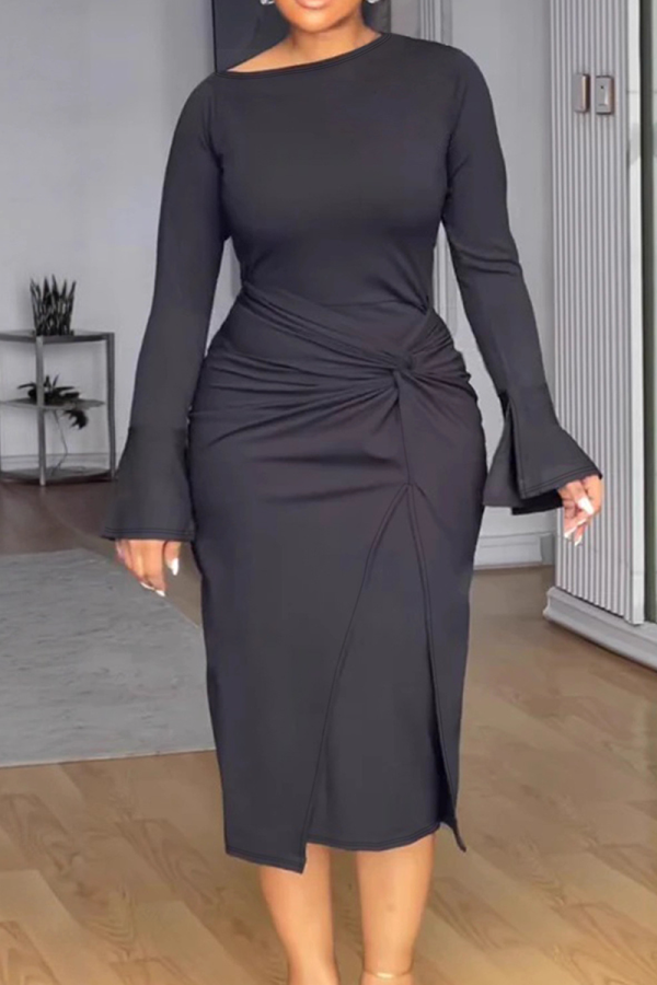 Elegant Solid Color Ruched O Neck Wrapped Skirt Plus Size Dresses