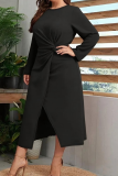 Elegant Solid Color Ruched O Neck Long Plus Size Dresses