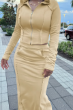 Casual Solid Color Zipper Hooded Long Sleeve Two Pieces