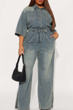 Casual Solid Color Buckle Turndown Collar Jumpsuits