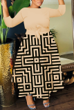 Khaki Graphics Print O Neck 3/4 Sleeve Belted Pockets Long Vacation Casual Pleated A Line Maxi Dresses