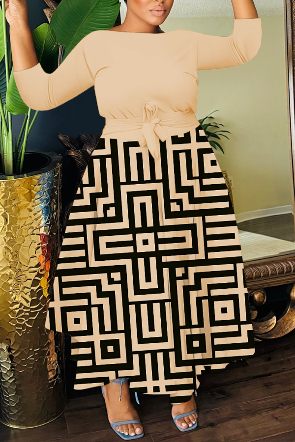 Khaki Graphics Print O Neck 3/4 Sleeve Belted Pockets Long Vacation Casual Pleated A Line Maxi Dresses