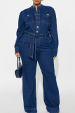 Casual Solid Color Buckle Strap Design O Neck Long Sleeve Loose Denim Jumpsuits
