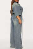 Casual Solid Color Buckle Turndown Collar Jumpsuits