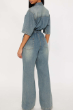 Casual Solid Color Buckle Turndown Collar Jumpsuits