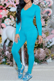 Casual Solid Color Patchwork V Neck Long Sleeve Two Pieces