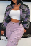 Plaid Cropped Jacket Letter Accent Loose Casual Fashion Retro Style Top