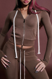 Casual Solid Color Draw String Hooded Long Sleeve Two Pieces