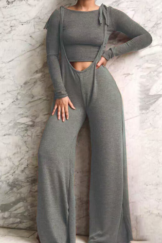Casual Solid Color Strap Design Spaghetti Strap Long Sleeve Two Pieces