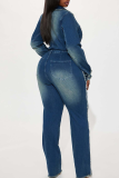 Casual Solid Color Buckle Turndown Collar Long Sleeve Regular Denim Jumpsuits