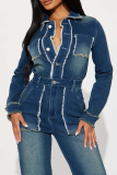 Casual Solid Color Buckle Turndown Collar Long Sleeve Regular Denim Jumpsuits