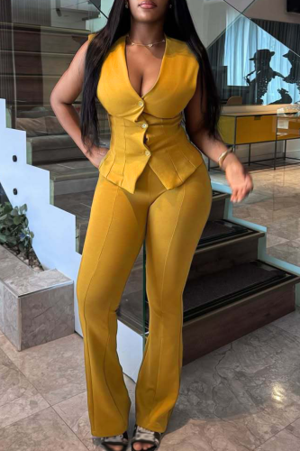 Casual Solid Color Buckle V Neck Sleeveless Two Pieces
