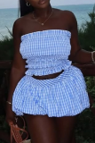 Sexy Plaid Ruched Strapless Sleeveless Two Pieces