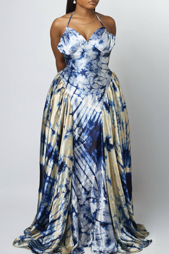 Elegant Tie Dye Contrast Halter Long Dresses
