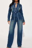 Casual Solid Color Buckle Turndown Collar Long Sleeve Regular Denim Jumpsuits