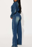Casual Solid Color Buckle Turndown Collar Long Sleeve Regular Denim Jumpsuits