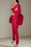 Sexy Solid Color Hollow Out V Neck Skinny Jumpsuits