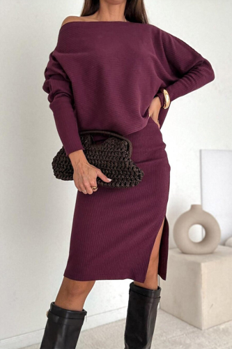 Elegant Solid Color Slit Oblique Collar Long Sleeve Two Pieces