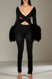 Sexy Solid Color Hollow Out V Neck Skinny Jumpsuits