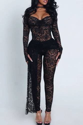 Sexy Solid Color Lace Square Neck Long Sleeve Two Pieces