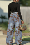 Casual Flowers Contrast Mid Waist Loose Denim Jeans