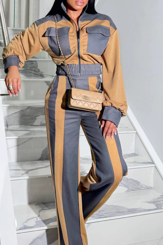 Casual Solid Color Contrast Zipper Collar Long Sleeve Two Pieces